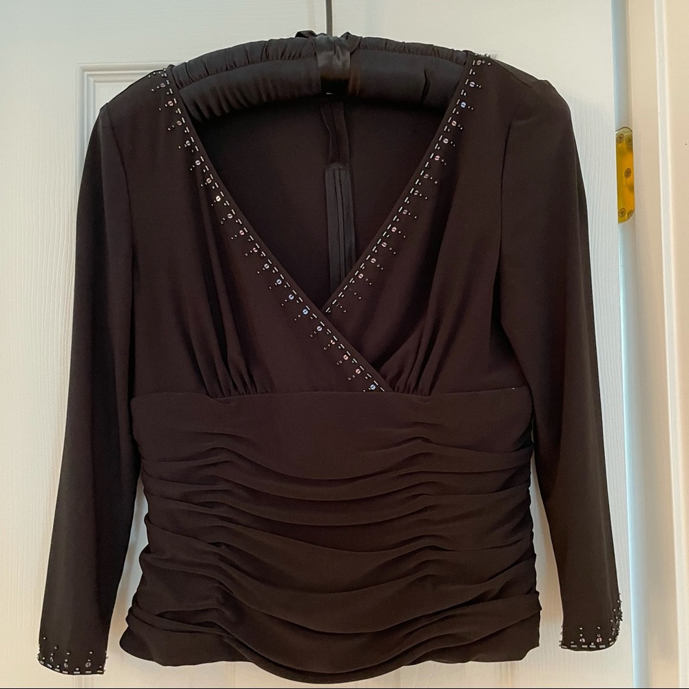 Elegant black beaded evening top with ruched waist